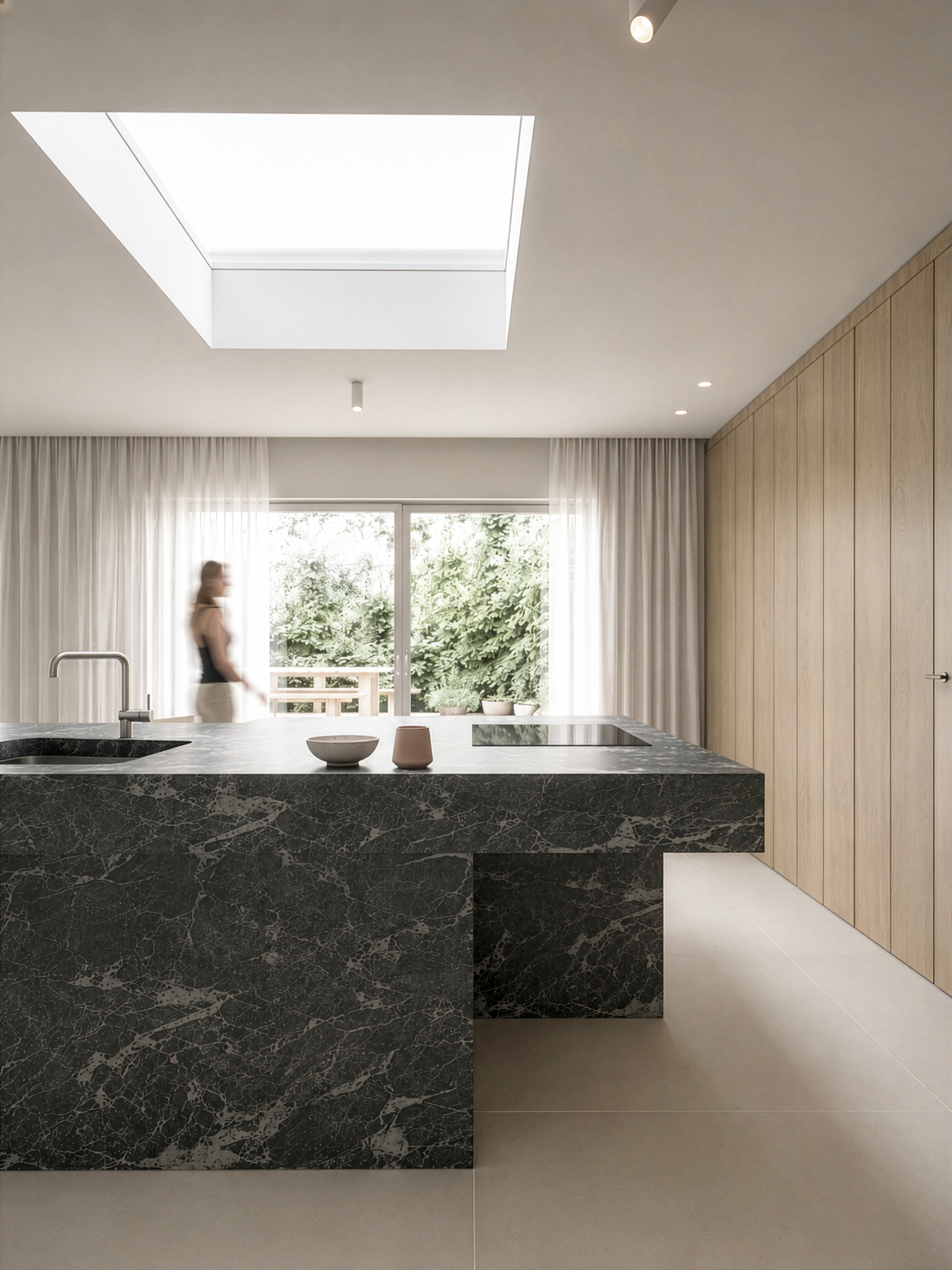 Residential kitchen with a dark stone island, warm oak joinery and a large rooflight.
